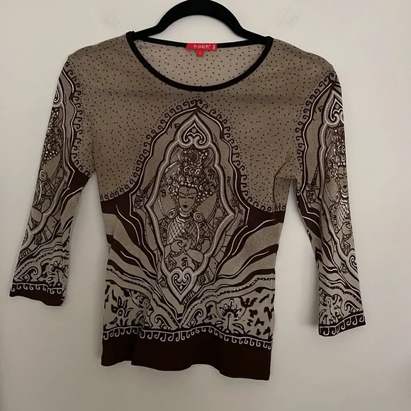 Vintage Noun Paris Tribal Print Y2K 3/4 Sleeve Knit Top BrownBeige made n France - Picture 4 of 11
